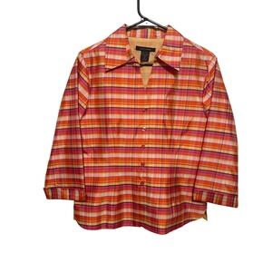 SILKLAND Women's Size 8 Plaid Button Down Shirt Orange Pink Yellow 100% Silk